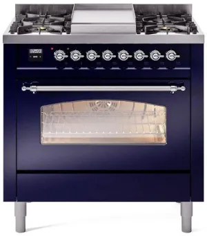 Ilve UP36FNMPMBC Nostalgie Ii 36 Inch Dual Fuel Natural Gas Freestanding Range In Blue With Chrome Trim Professional Ranges 6 burner professional gas range
