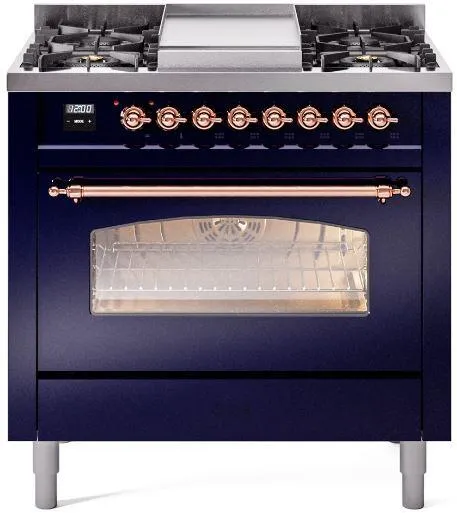 Ilve UP36FNMPMBP Nostalgie Ii 36 Inch Dual Fuel Natural Gas Freestanding Range In Blue With Copper Trim Professional Ranges 6 burner professional gas range