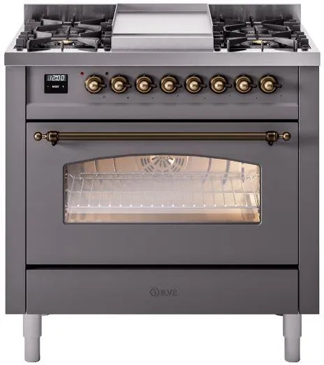 Ilve UP36FNMPMGBLP Nostalgie Ii 36 Inch Dual Fuel Liquid Propane Freestanding Range In Matte Graphite With Bronze Trim Professional Ranges 6 burner professional gas range