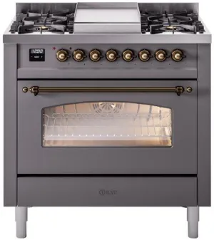 Ilve UP36FNMPMGBLP Nostalgie Ii 36 Inch Dual Fuel Liquid Propane Freestanding Range In Matte Graphite With Bronze Trim Professional Ranges 6 burner professional gas range