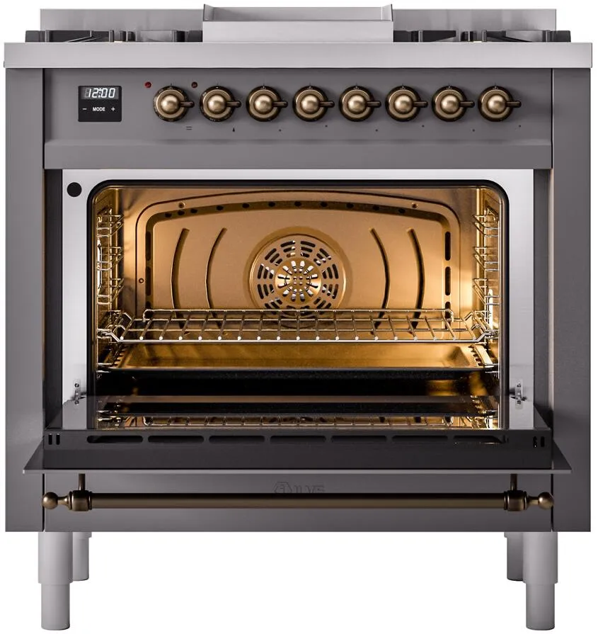 Ilve UP36FNMPMGBLP Nostalgie Ii 36 Inch Dual Fuel Liquid Propane Freestanding Range In Matte Graphite With Bronze Trim
