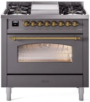 Ilve UP36FNMPMGG Nostalgie Ii 36 Inch Dual Fuel Natural Gas Freestanding Range In Matte Graphite With Brass Trim Professional Ranges 6 burner professional gas range