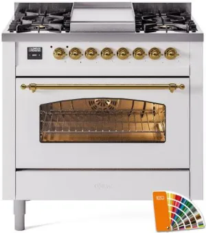 Ilve UP36FNMPRAG Nostalgie Ii 36 Inch Dual Fuel Natural Gas Freestanding Range In Ral Custom Color With Brass Trim Professional Ranges 6 burner professional gas range