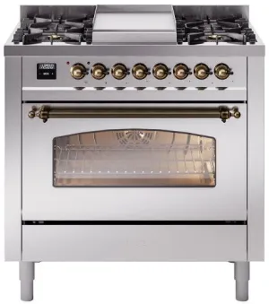 Ilve UP36FNMPSSBLP Nostalgie Ii 36 Inch Dual Fuel Liquid Propane Freestanding Range In Stainless Steel With Bronze Trim Professional Ranges 6 burner professional gas range