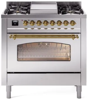Ilve UP36FNMPSSG Nostalgie Ii 36 Inch Dual Fuel Natural Gas Freestanding Range In Stainless Steel With Brass Trim Professional Ranges 6 burner professional gas range