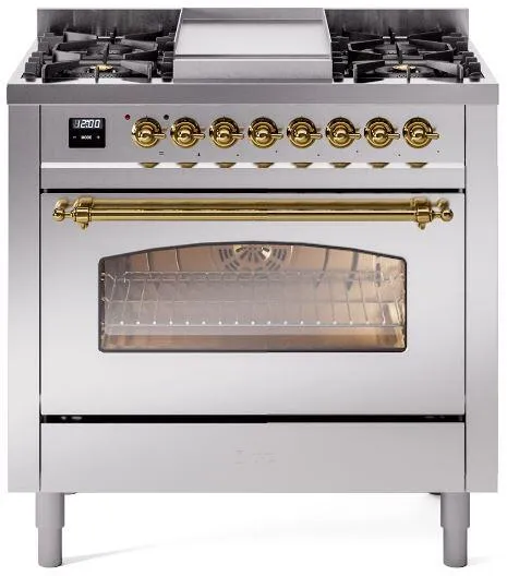 Ilve UP36FNMPSSG Nostalgie Ii 36 Inch Dual Fuel Natural Gas Freestanding Range In Stainless Steel With Brass Trim Professional Ranges 6 burner professional gas range