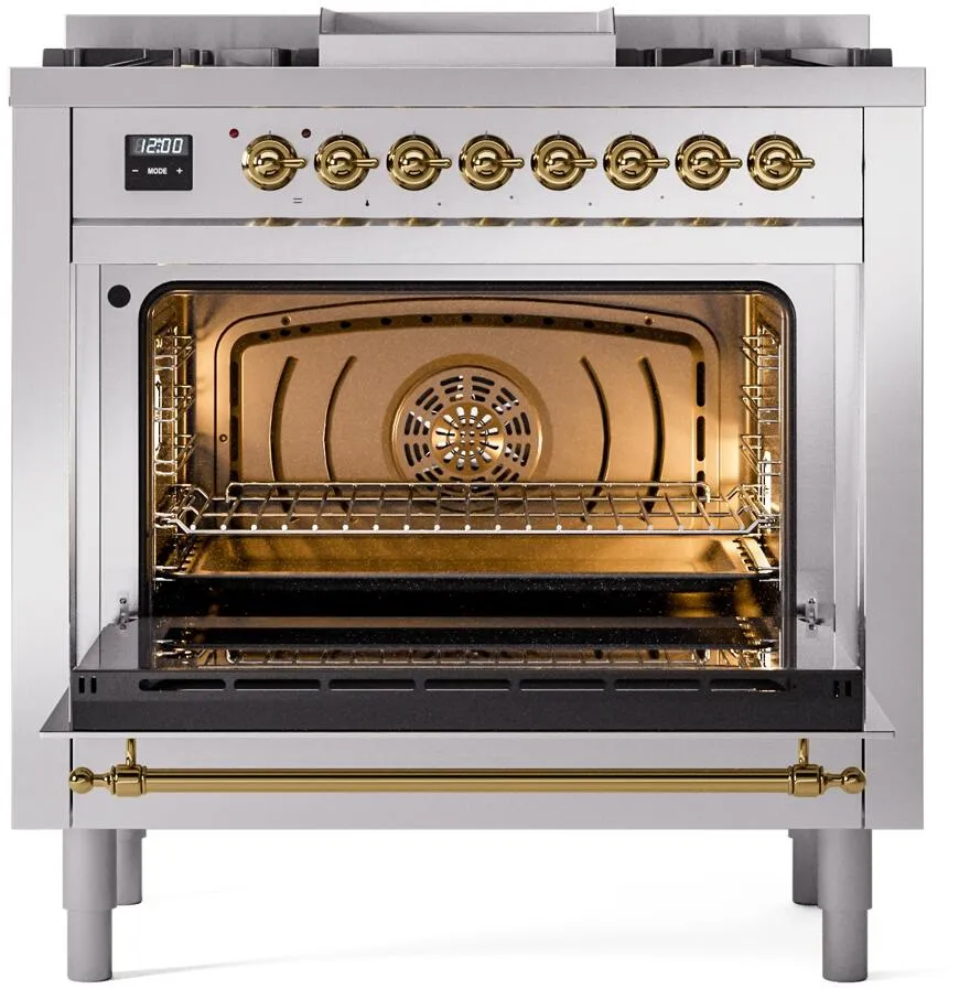 Ilve UP36FNMPSSGLP Nostalgie Ii 36 Inch Dual Fuel Liquid Propane Freestanding Range In Stainless Steel With Brass Trim