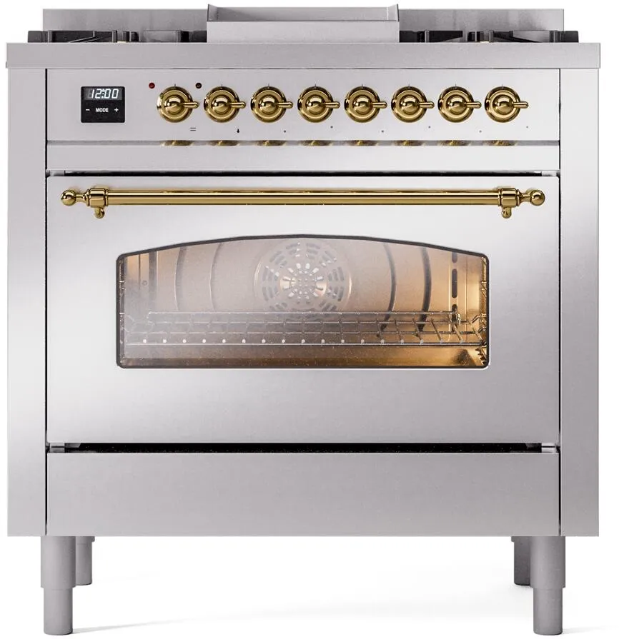 Ilve UP36FNMPSSGLP Nostalgie Ii 36 Inch Dual Fuel Liquid Propane Freestanding Range In Stainless Steel With Brass Trim