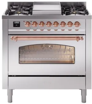 Ilve UP36FNMPSSP Nostalgie Ii 36 Inch Dual Fuel Natural Gas Freestanding Range In Stainless Steel With Copper Trim Professional Ranges 6 burner professional gas range