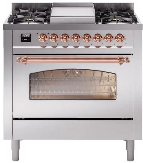 Ilve UP36FNMPSSP Nostalgie Ii 36 Inch Dual Fuel Natural Gas Freestanding Range In Stainless Steel With Copper Trim Professional Ranges 6 burner professional gas range