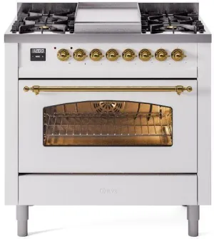 Ilve UP36FNMPWHGLP Nostalgie Ii 36 Inch Dual Fuel Liquid Propane Freestanding Range In White With Brass Trim Professional Ranges 6 burner professional gas range
