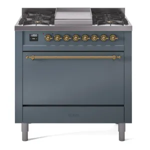 Ilve UP36FQNMPBGG Nostalgie Ii 36 Inch Dual Fuel Natural Gas Freestanding Range In Blue Grey With Brass Trim Freestanding Ranges freestanding dual fuel range 30 inch