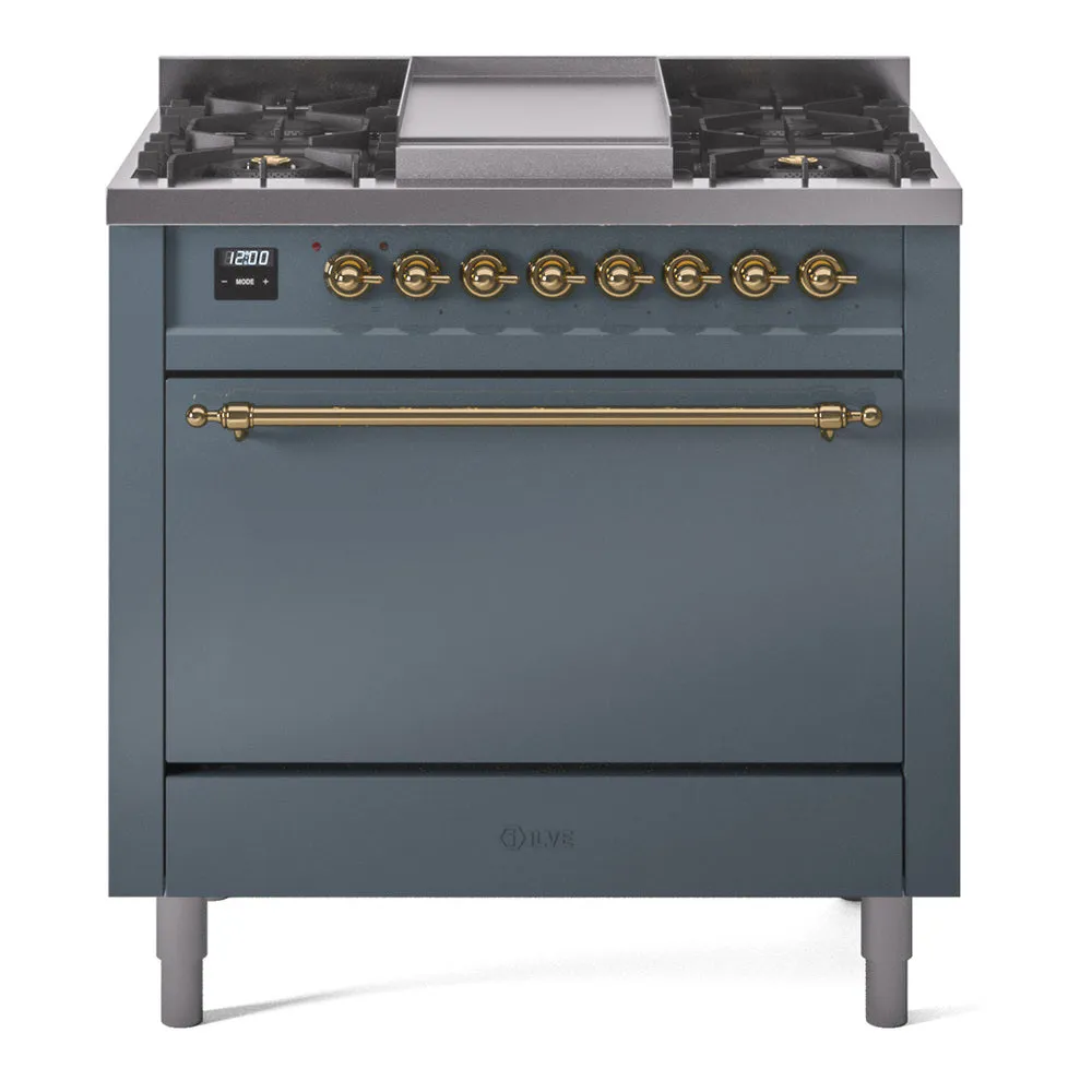 Ilve UP36FQNMPBGG Nostalgie Ii 36 Inch Dual Fuel Natural Gas Freestanding Range In Blue Grey With Brass Trim Freestanding Ranges freestanding dual fuel range 30 inch