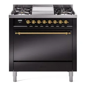 Ilve UP36FQNMPBKG Nostalgie Ii 36 Inch Dual Fuel Natural Gas Freestanding Range In Black With Brass Trim Freestanding Ranges freestanding dual fuel range 30 inch
