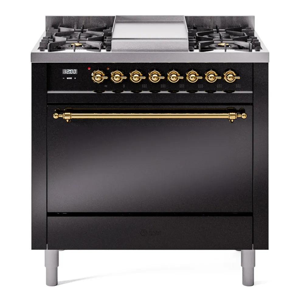 Ilve UP36FQNMPBKG Nostalgie Ii 36 Inch Dual Fuel Natural Gas Freestanding Range In Black With Brass Trim Freestanding Ranges freestanding dual fuel range 30 inch