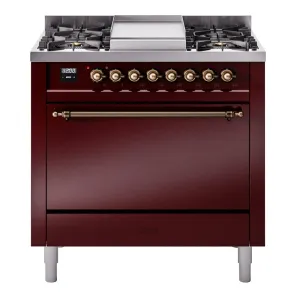 Ilve UP36FQNMPBUBLP Nostalgie Ii 36 Inch Dual Fuel Liquid Propane Freestanding Range In Burgundy With Bronze Trim Freestanding Ranges freestanding dual fuel range 30 inch