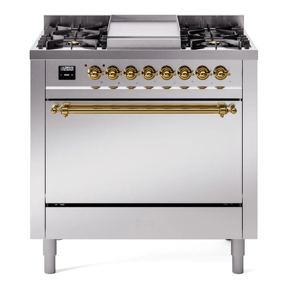 Ilve UP36FQNMPSSG Nostalgie Ii 36 Inch Dual Fuel Natural Gas Freestanding Range In Stainless Steel With Brass Trim Freestanding Ranges freestanding dual fuel range 30 inch