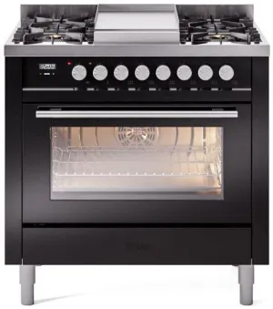 Ilve UP36FWMPBK Professional Plus Ii 36 Inch Dual Fuel Natural Gas Freestanding Range In Glossy Black With Trim Professional Ranges 6 burner professional gas range