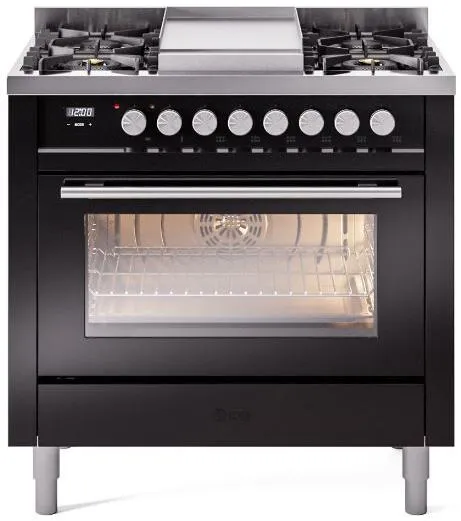 Ilve UP36FWMPBK Professional Plus Ii 36 Inch Dual Fuel Natural Gas Freestanding Range In Glossy Black With Trim Professional Ranges 6 burner professional gas range