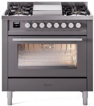 Ilve UP36FWMPMG Professional Plus Ii 36 Inch Dual Fuel Natural Gas Freestanding Range In Matte Graphite With Trim Professional Ranges 6 burner professional gas range