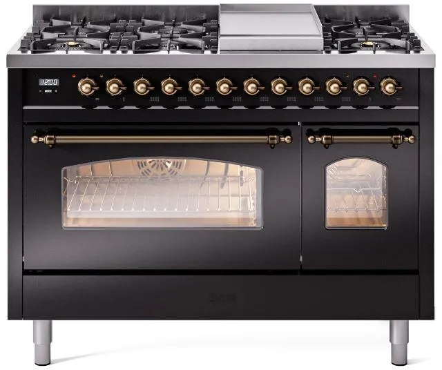 Ilve UP48FNMPBKB Nostalgie Ii 48 Inch Dual Fuel Natural Gas Freestanding Range In Glossy Black With Bronze Trim Freestanding Ranges freestanding dual fuel range 30 inch