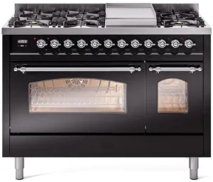 Ilve UP48FNMPBKC Nostalgie Ii 48 Inch Dual Fuel Natural Gas Freestanding Range In Glossy Black With Chrome Trim Freestanding Ranges freestanding dual fuel range 30 inch
