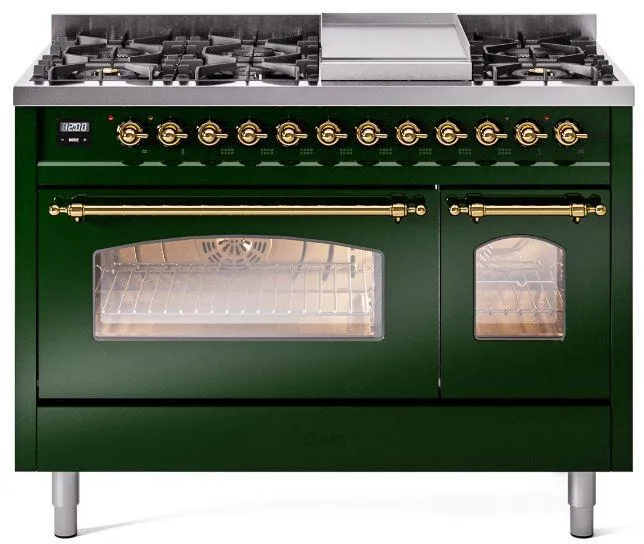 Ilve UP48FNMPEGG Nostalgie Ii 48 Inch Dual Fuel Natural Gas Freestanding Range In Emerald Green With Brass Trim Freestanding Ranges freestanding dual fuel range 30 inch