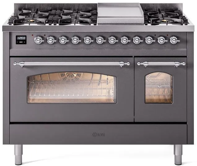 Ilve UP48FNMPMGCLP Nostalgie Ii 48 Inch Dual Fuel Liquid Propane Freestanding Range In Matte Graphite With Chrome Trim Freestanding Ranges freestanding dual fuel range 30 inch