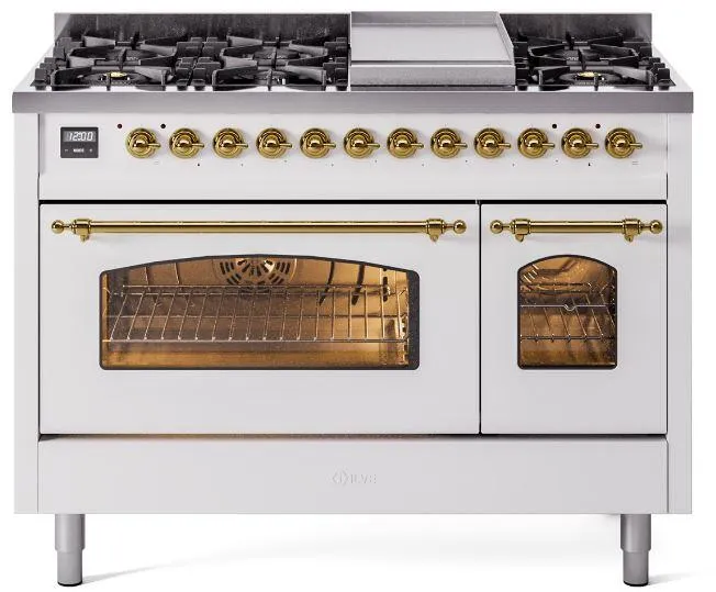 Ilve UP48FNMPWHG Nostalgie Ii 48 Inch Dual Fuel Natural Gas Freestanding Range In White With Brass Trim Freestanding Ranges freestanding dual fuel range 30 inch