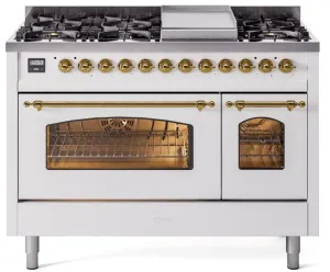 Ilve UP48FNMPWHG Nostalgie Ii 48 Inch Dual Fuel Natural Gas Freestanding Range In White With Brass Trim Freestanding Ranges freestanding dual fuel range 30 inch