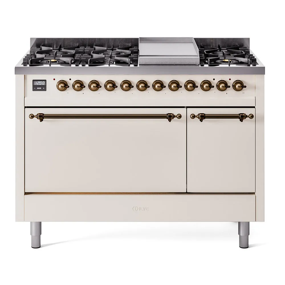 Ilve UP48FQNMPAWB Nostalgie Ii 48 Inch Dual Fuel Natural Gas Freestanding Range In Antique White With Bronze Trim Freestanding Ranges freestanding dual fuel range 30 inch