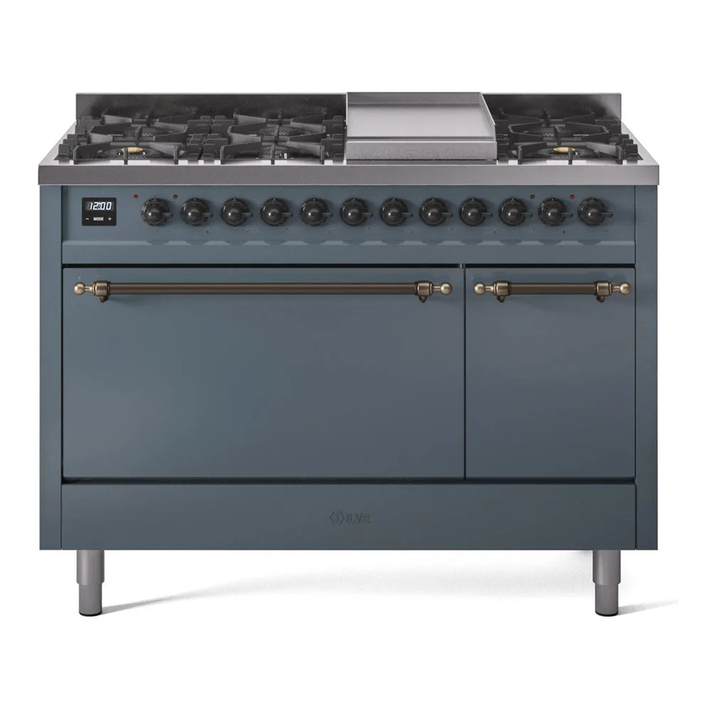 Ilve UP48FQNMPBGBLP Nostalgie Ii 48 Inch Dual Fuel Liquid Propane Freestanding Range In Blue Grey With Bronze Trim Freestanding Ranges freestanding dual fuel range 30 inch