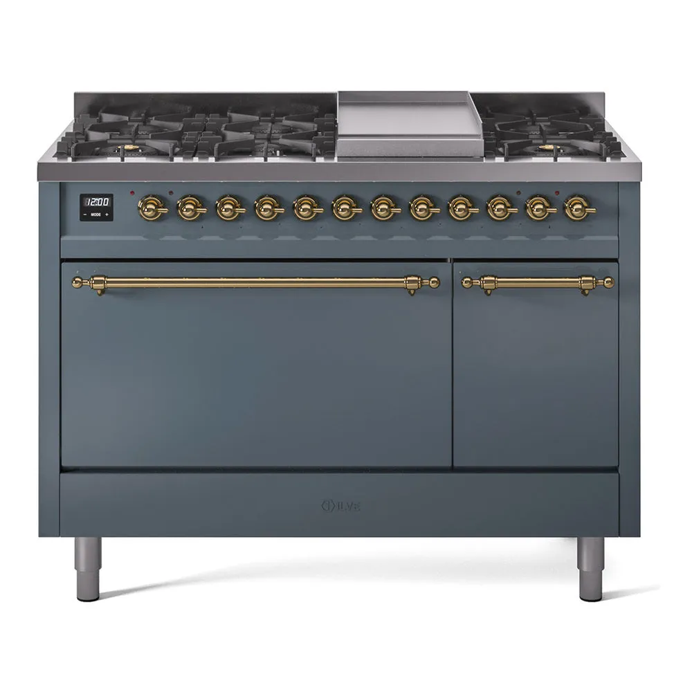 Ilve UP48FQNMPBGG Nostalgie Ii 48 Inch Dual Fuel Natural Gas Freestanding Range In Blue Grey With Brass Trim Freestanding Ranges freestanding dual fuel range 30 inch