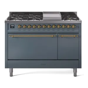Ilve UP48FQNMPBGG Nostalgie Ii 48 Inch Dual Fuel Natural Gas Freestanding Range In Blue Grey With Brass Trim Freestanding Ranges freestanding dual fuel range 30 inch