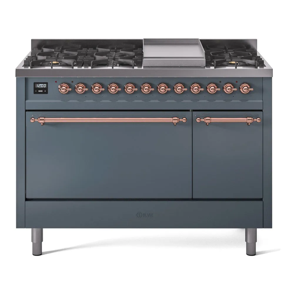 Ilve UP48FQNMPBGPLP Nostalgie Ii 48 Inch Dual Fuel Liquid Propane Freestanding Range In Blue Grey With Copper Trim Freestanding Ranges freestanding dual fuel range 30 inch