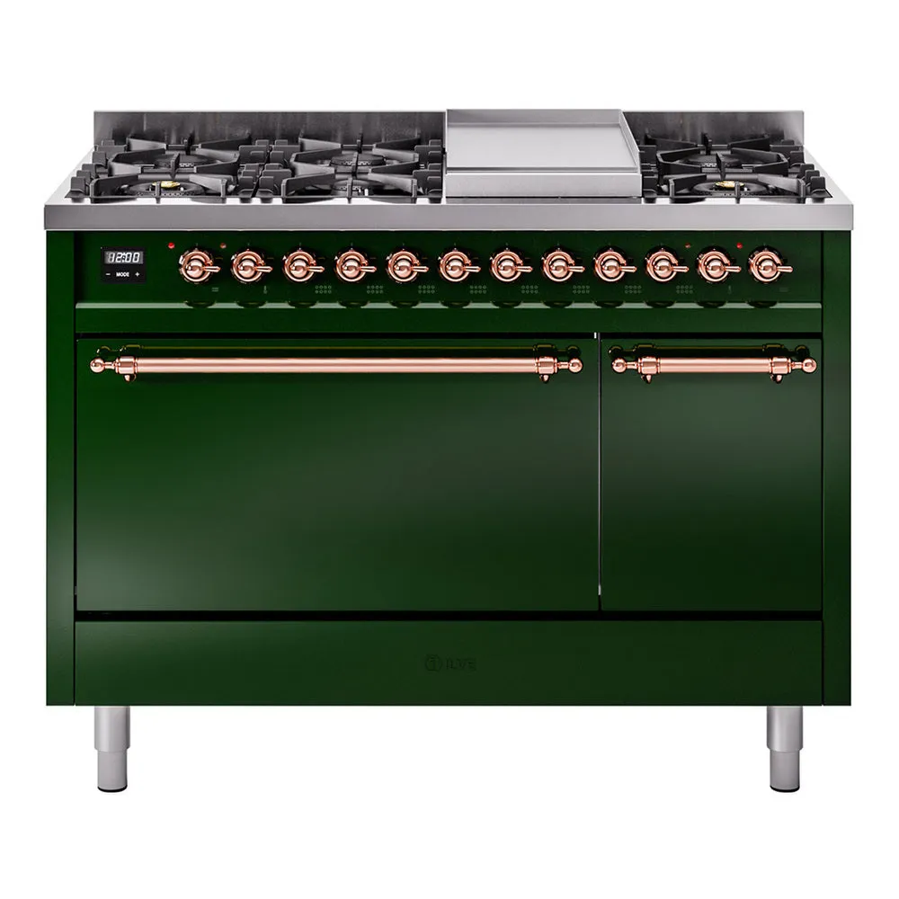 Ilve UP48FQNMPEGP Nostalgie Ii 48 Inch Dual Fuel Natural Gas Freestanding Range In Emerald Green With Copper Trim Freestanding Ranges freestanding dual fuel range 30 inch
