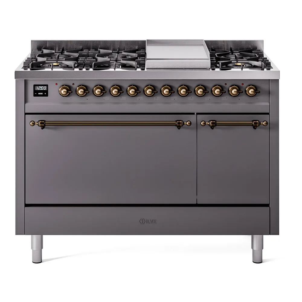 Ilve UP48FQNMPMGBLP Nostalgie Ii 48 Inch Dual Fuel Liquid Propane Freestanding Range In Matte Graphite With Bronze Trim Freestanding Ranges freestanding dual fuel range 30 inch