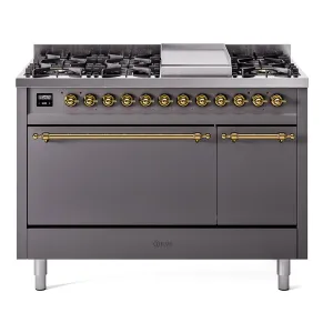 Ilve UP48FQNMPMGGLP Nostalgie Ii 48 Inch Dual Fuel Liquid Propane Freestanding Range In Matte Graphite With Brass Trim Freestanding Ranges freestanding dual fuel range 30 inch