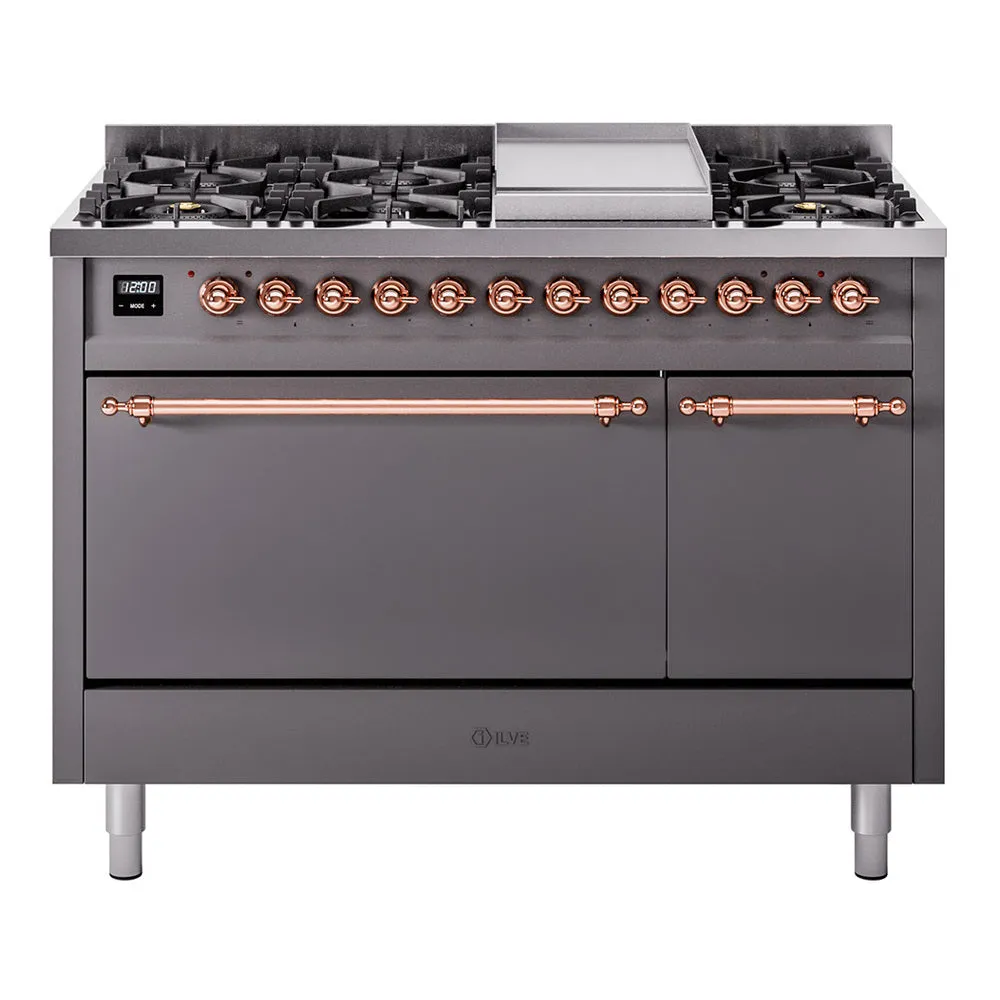 Ilve UP48FQNMPMGPLP Nostalgie Ii 48 Inch Dual Fuel Liquid Propane Freestanding Range In Matte Graphite With Copper Trim Freestanding Ranges freestanding dual fuel range 30 inch