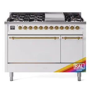 Ilve UP48FQNMPRAG Nostalgie Ii 48 Inch Dual Fuel Natural Gas Freestanding Range In Ral Custom Color With Brass Trim Freestanding Ranges freestanding dual fuel range 30 inch