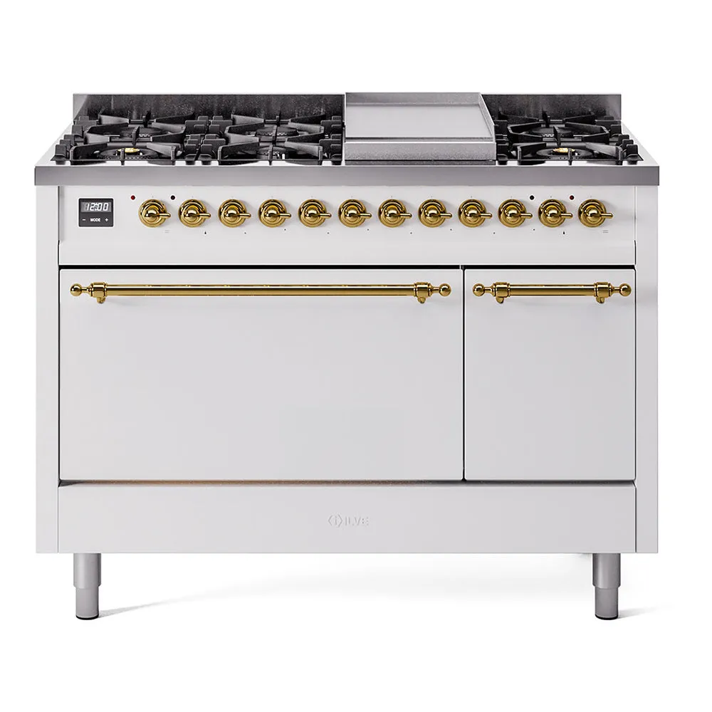 Ilve UP48FQNMPWHGLP Nostalgie Ii 48 Inch Dual Fuel Liquid Propane Freestanding Range In White With Brass Trim Freestanding Ranges freestanding dual fuel range 30 inch