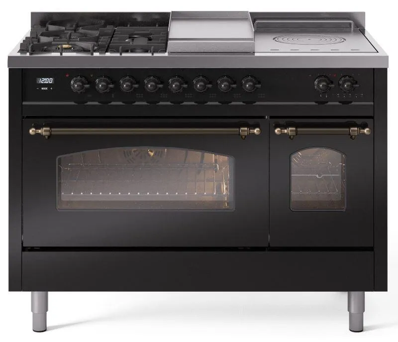 Ilve UP48FSNMPBKBLP Nostalgie Ii 48 Inch Dual Fuel Liquid Propane Freestanding Range In Glossy Black With Bronze Trim Freestanding Ranges freestanding dual fuel range 30 inch