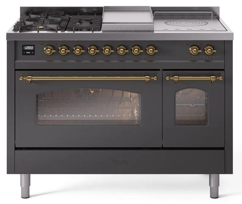 Ilve UP48FSNMPMGG Nostalgie Ii 48 Inch Dual Fuel Natural Gas Freestanding Range In Matte Graphite With Brass Trim Freestanding Ranges freestanding dual fuel range 30 inch