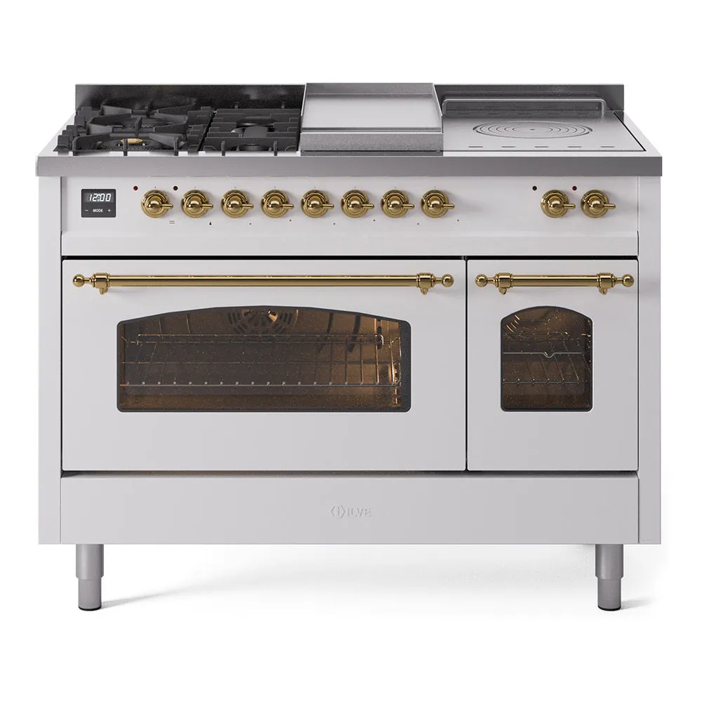 Ilve UP48FSNMPWHGLP Nostalgie Ii 48 Inch Dual Fuel Liquid Propane Freestanding Range In White With Brass Trim Freestanding Ranges freestanding dual fuel range 30 inch