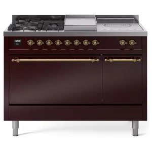 Ilve UP48FSQNMPBUG Ilve Nostalgie Ii 48 Up48Fsqnmpbug Freestanding Dual Fuel Range With 5 Sealed Burners And French Top Double Oven With Solid Door In Burgundy With Brass Knobs Freestanding Ranges freestanding dual fuel range 30 inch