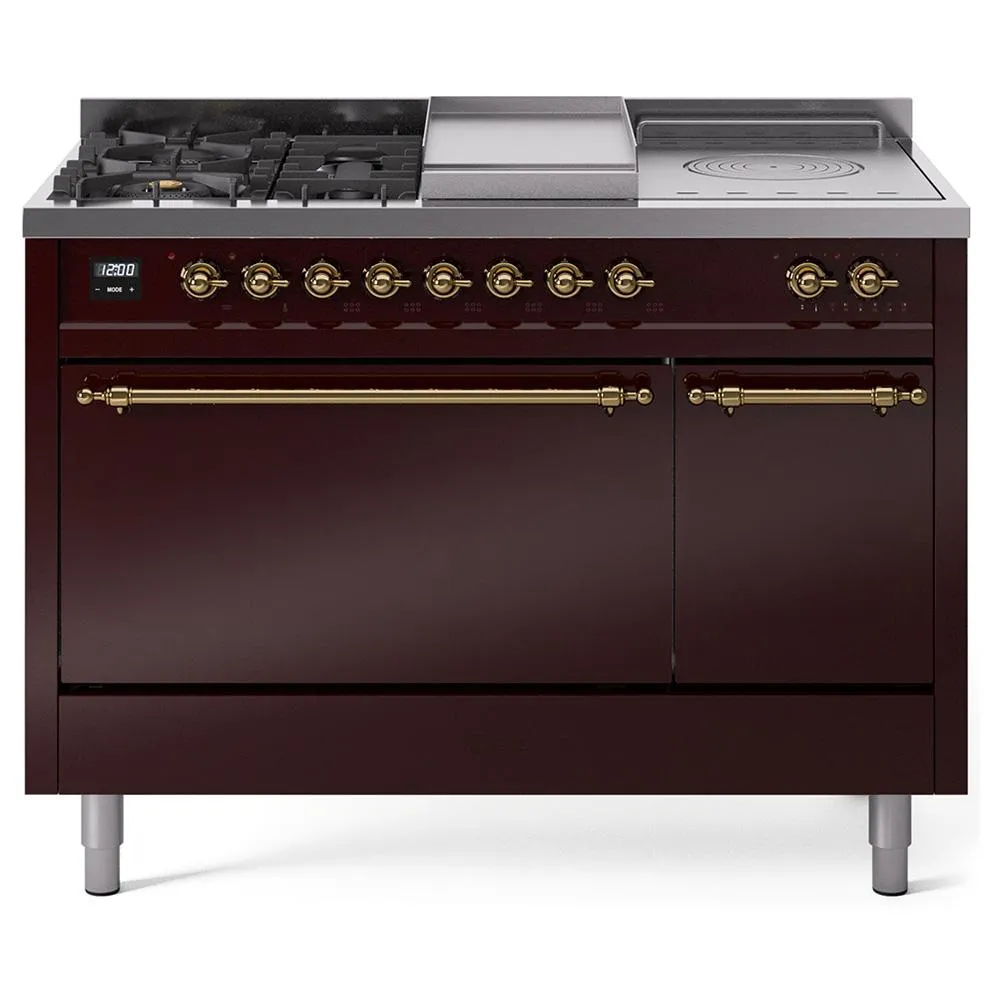 Ilve UP48FSQNMPBUG Ilve Nostalgie Ii 48 Up48Fsqnmpbug Freestanding Dual Fuel Range With 5 Sealed Burners And French Top Double Oven With Solid Door In Burgundy With Brass Knobs Freestanding Ranges freestanding dual fuel range 30 inch