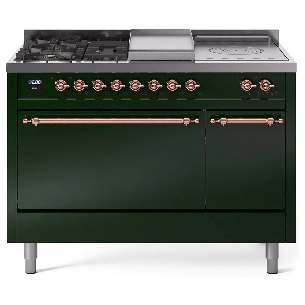 Ilve UP48FSQNMPEGPLP Ilve Nostalgie Ii 48 Up48Fsqnmpegp Freestanding Dual Fuel Range With 5 Sealed Burners And French Top Double Oven With Solid Door In Emerald Green With Copper Knobs Freestanding Ranges freestanding dual fuel range 30 inch