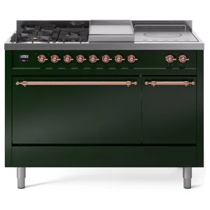 Ilve UP48FSQNMPEGPLP Ilve Nostalgie Ii 48 Up48Fsqnmpegp Freestanding Dual Fuel Range With 5 Sealed Burners And French Top Double Oven With Solid Door In Emerald Green With Copper Knobs Freestanding Ranges freestanding dual fuel range 30 inch