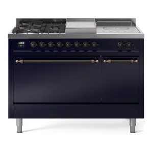 Ilve UP48FSQNMPMBB Nostalgie Ii 48 Inch Dual Fuel Natural Gas Freestanding Range In Blue With Bronze Trim Freestanding Ranges freestanding dual fuel range 30 inch