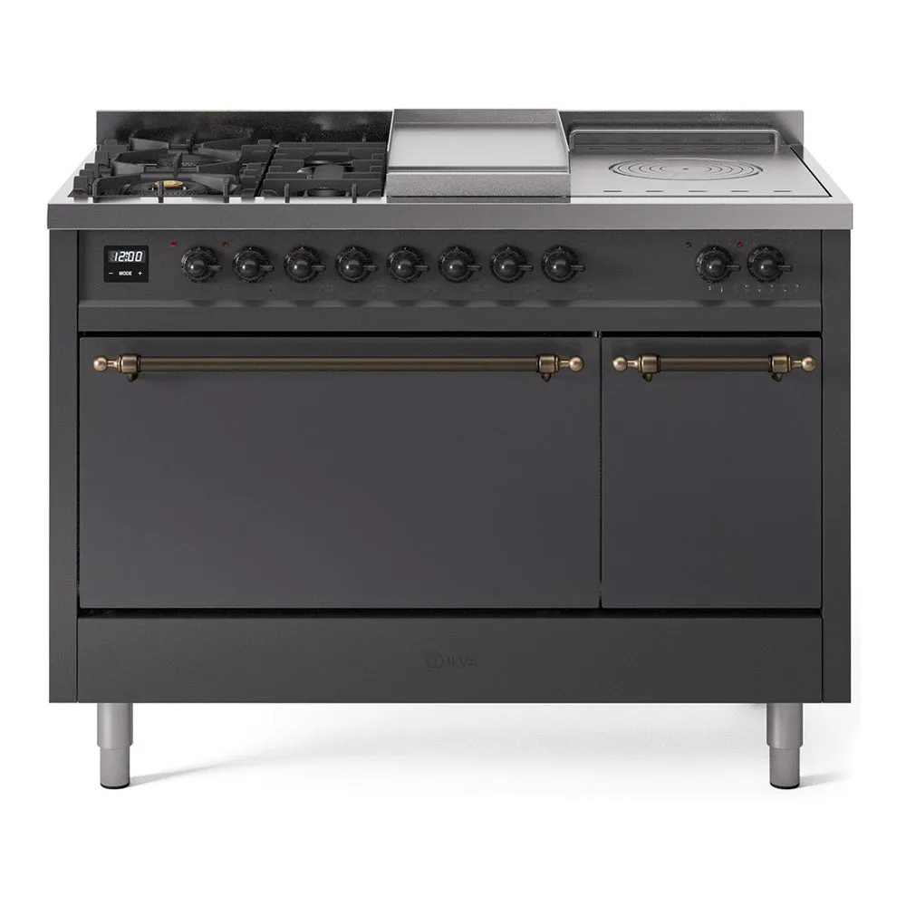 Ilve UP48FSQNMPMGB Nostalgie Ii 48 Inch Dual Fuel Natural Gas Freestanding Range In Matte Graphite With Bronze Trim Freestanding Ranges freestanding dual fuel range 30 inch